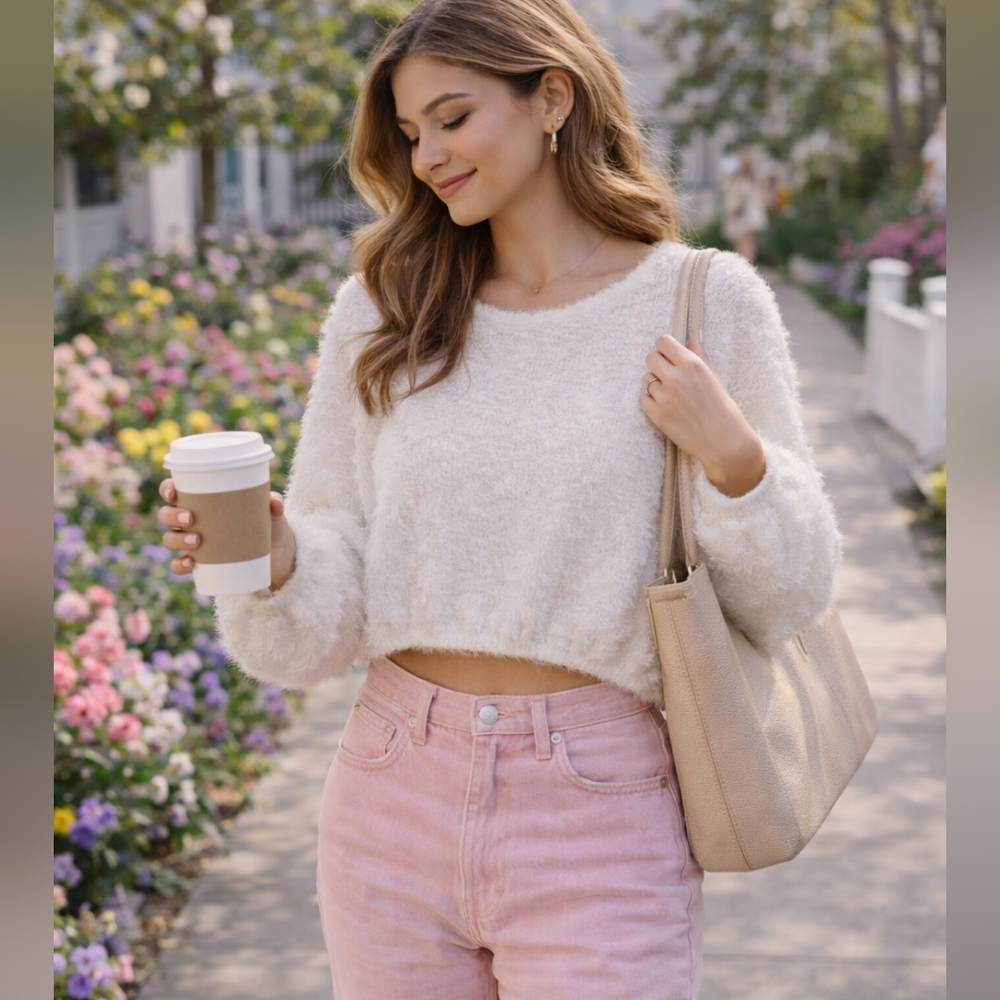 Altar’d State Soft Fuzzy Cropped Sweater | Cozy Cream Pullover | Size XS